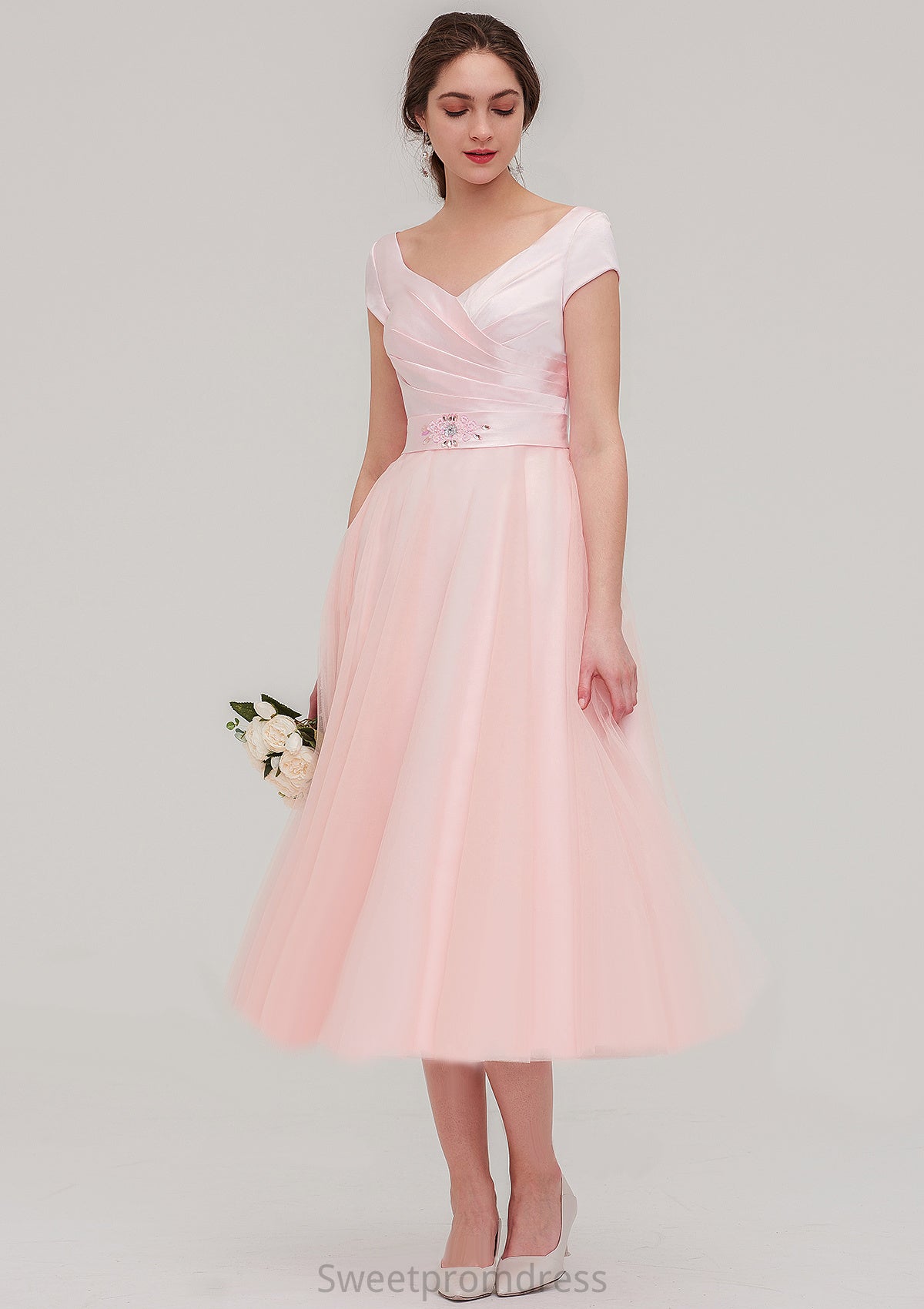 Sweetheart Short Sleeve Tea-Length Tulle A-line/Princess Bridesmaid Dresses With Waistband Beading Pleated Cecelia DHP0025473