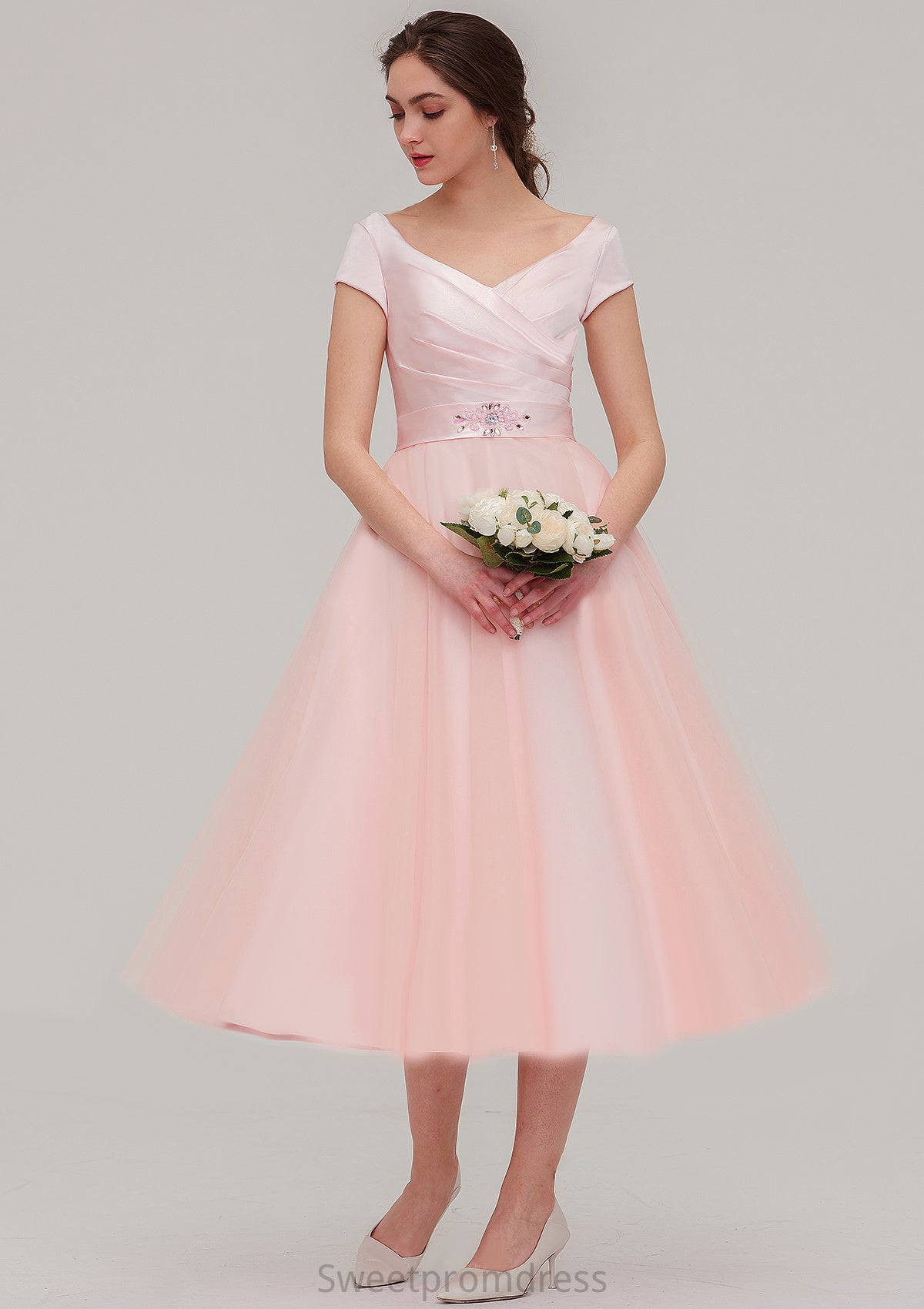 Sweetheart Short Sleeve Tea-Length Tulle A-line/Princess Bridesmaid Dresses With Waistband Beading Pleated Cecelia DHP0025473