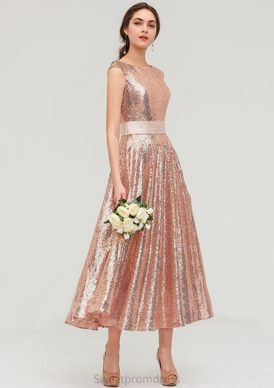 Bateau Sleeveless Tea-Length Sequined A-line/Princess Bridesmaid Dresses With Sashes Jan DHP0025474