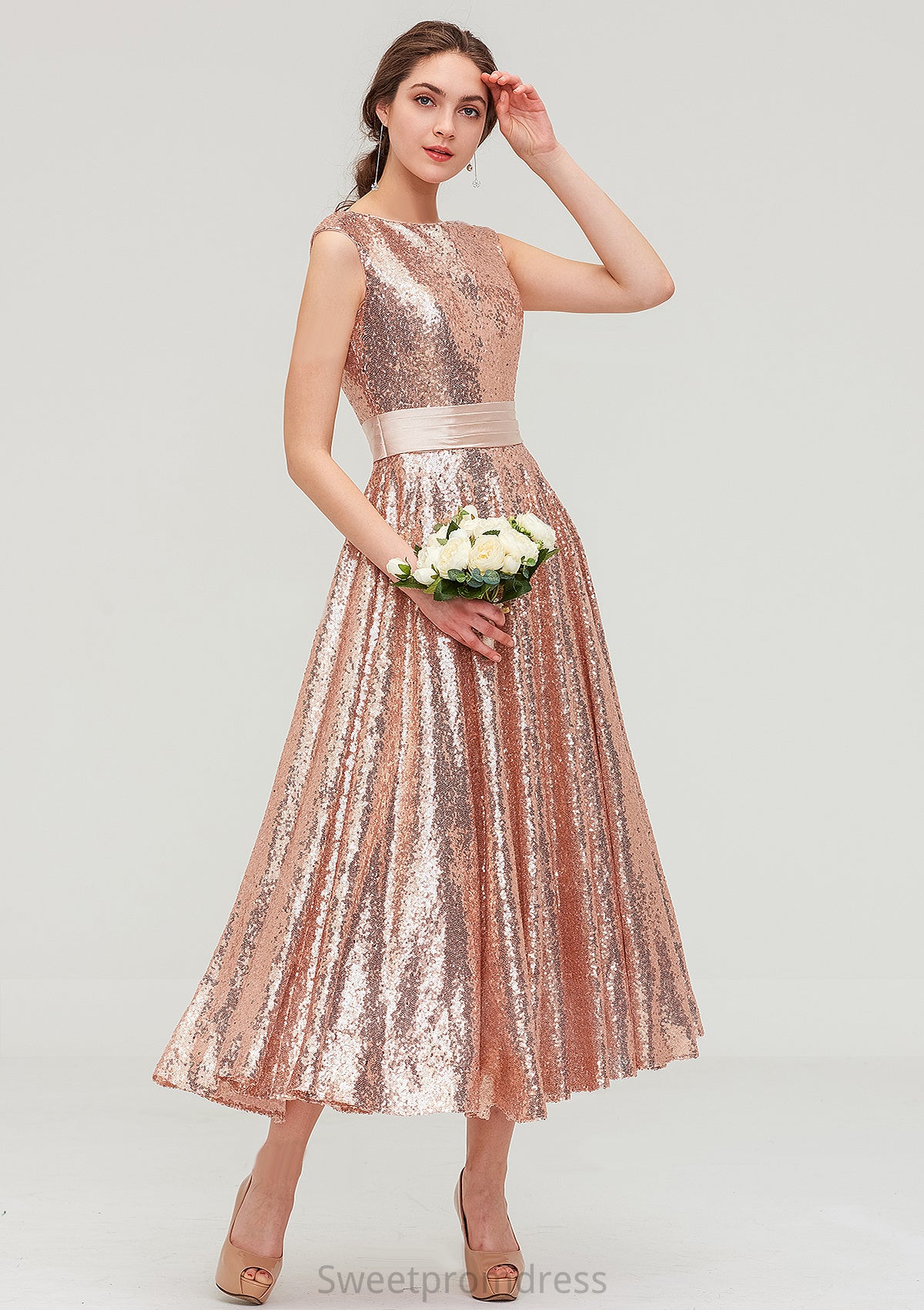 Bateau Sleeveless Tea-Length Sequined A-line/Princess Bridesmaid Dresses With Sashes Jan DHP0025474