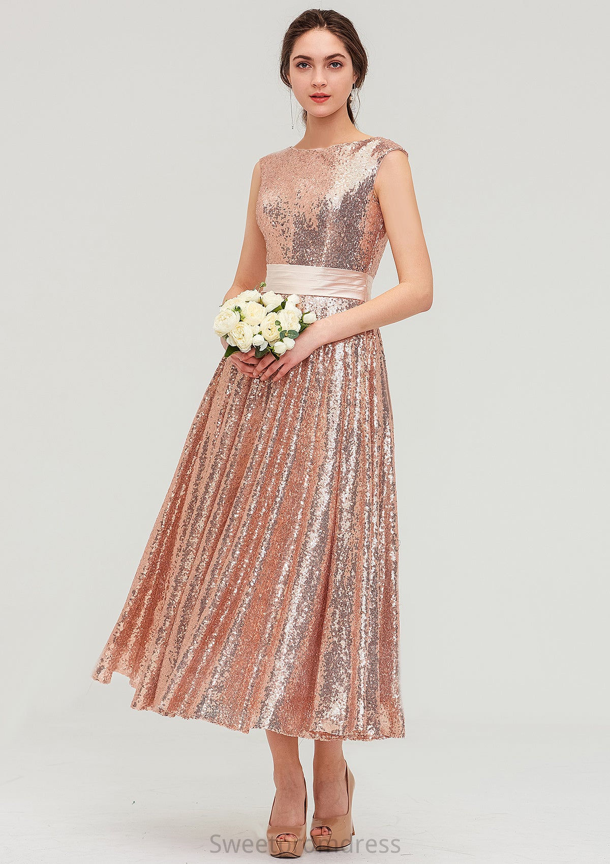 Bateau Sleeveless Tea-Length Sequined A-line/Princess Bridesmaid Dresses With Sashes Jan DHP0025474