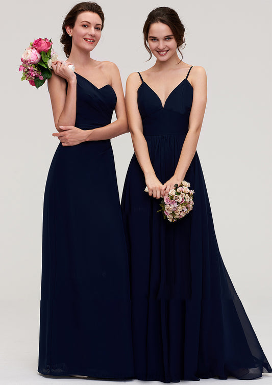 Sleeveless One-Shoulder A-line/Princess Chiffon Long/Floor-Length Bridesmaid Dresses With Pleated Delaney DHP0025475