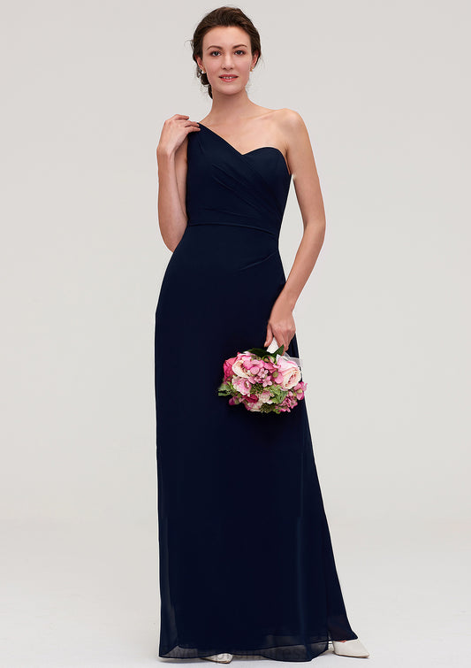 Sleeveless One-Shoulder A-line/Princess Chiffon Long/Floor-Length Bridesmaid Dresses With Pleated Delaney DHP0025475