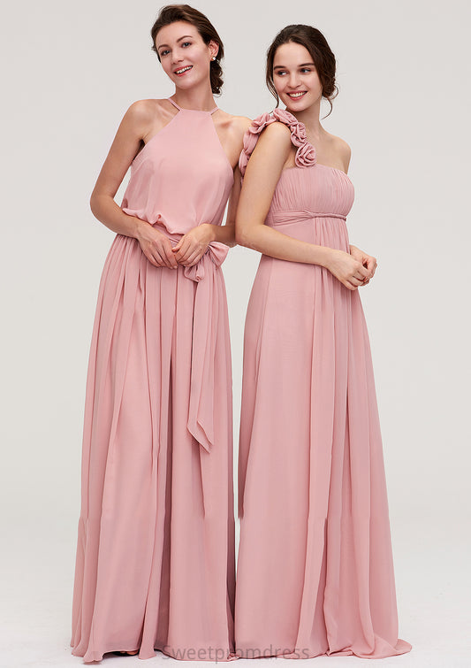 Sleeveless Scoop Neck A-line/Princess Chiffon Long/Floor-Length Bridesmaid Dresseses With Pleated Sashes Isis DHP0025476