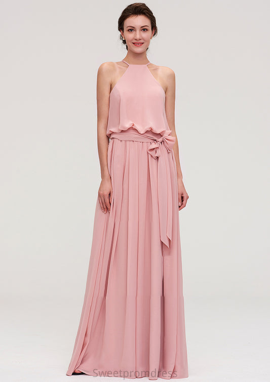 Sleeveless Scoop Neck A-line/Princess Chiffon Long/Floor-Length Bridesmaid Dresseses With Pleated Sashes Isis DHP0025476