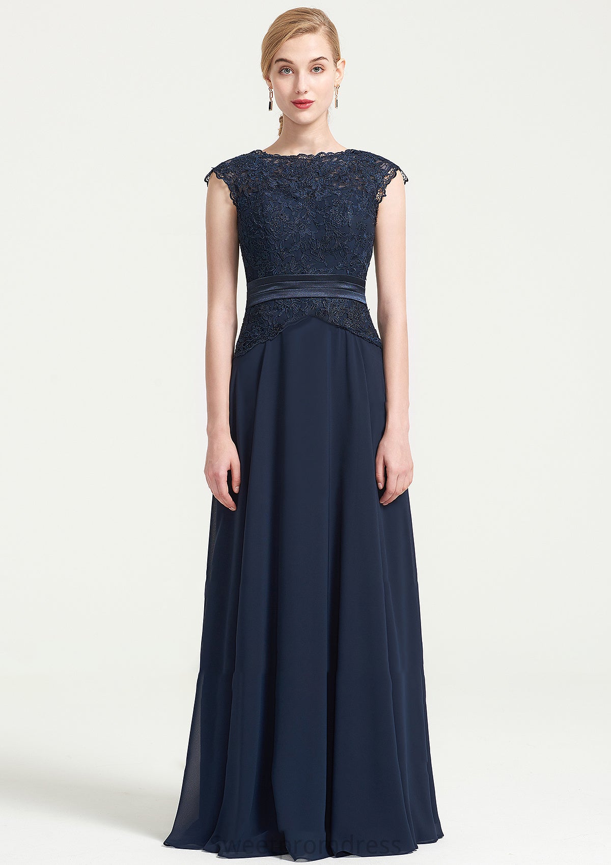 Bateau Sleeveless A-line/Princess Chiffon Long/Floor-Length Bridesmaid Dresses With Sashes Lace Pleated Noemi DHP0025480