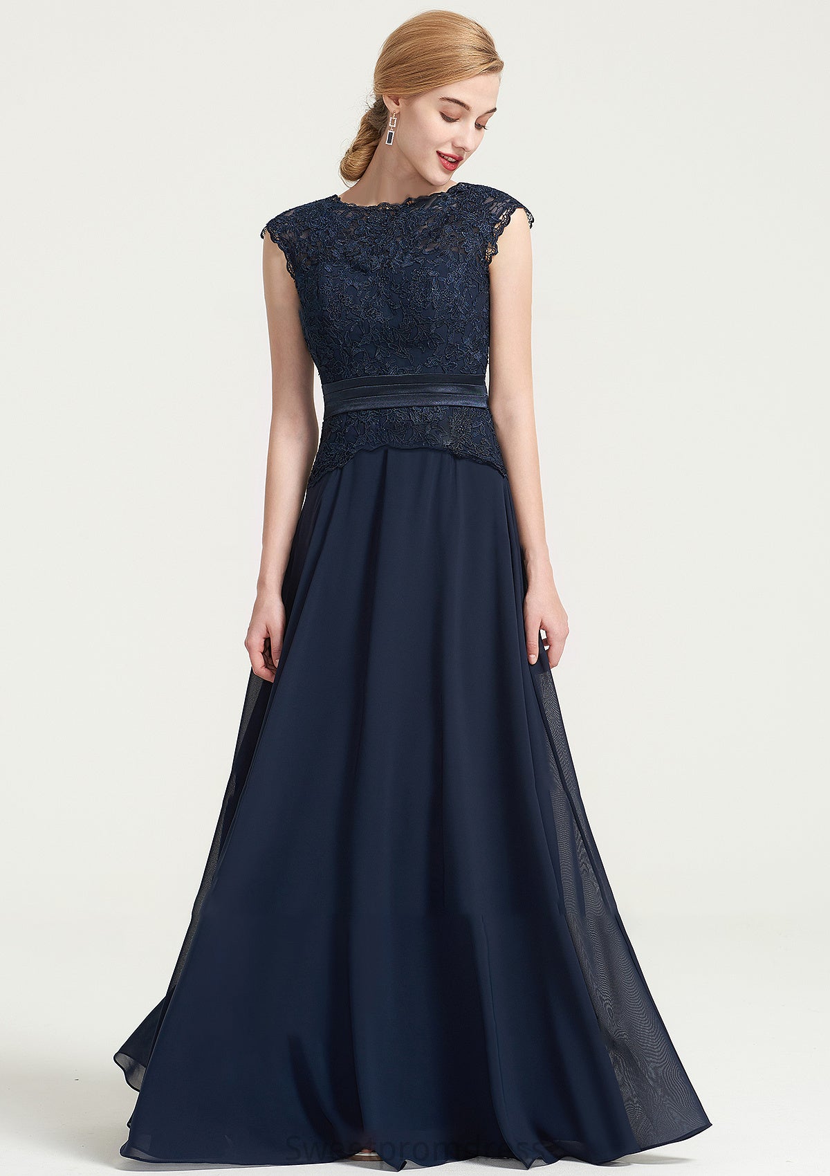 Bateau Sleeveless A-line/Princess Chiffon Long/Floor-Length Bridesmaid Dresses With Sashes Lace Pleated Noemi DHP0025480