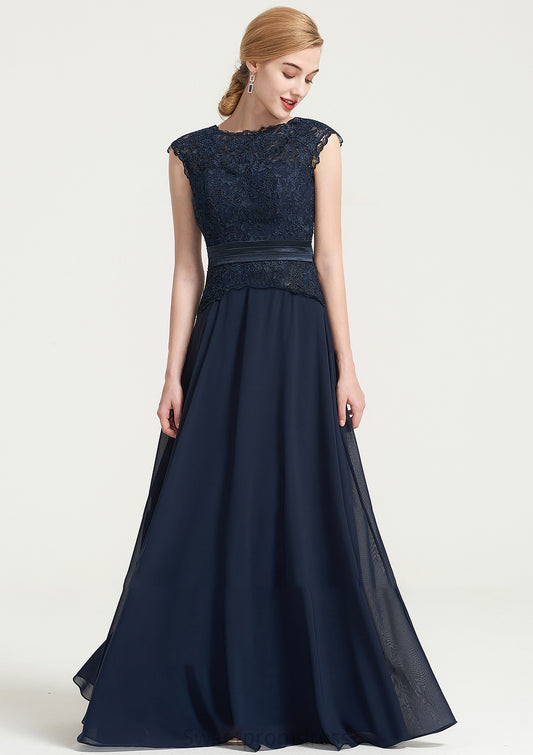 Bateau Sleeveless A-line/Princess Chiffon Long/Floor-Length Bridesmaid Dresses With Sashes Lace Pleated Noemi DHP0025480