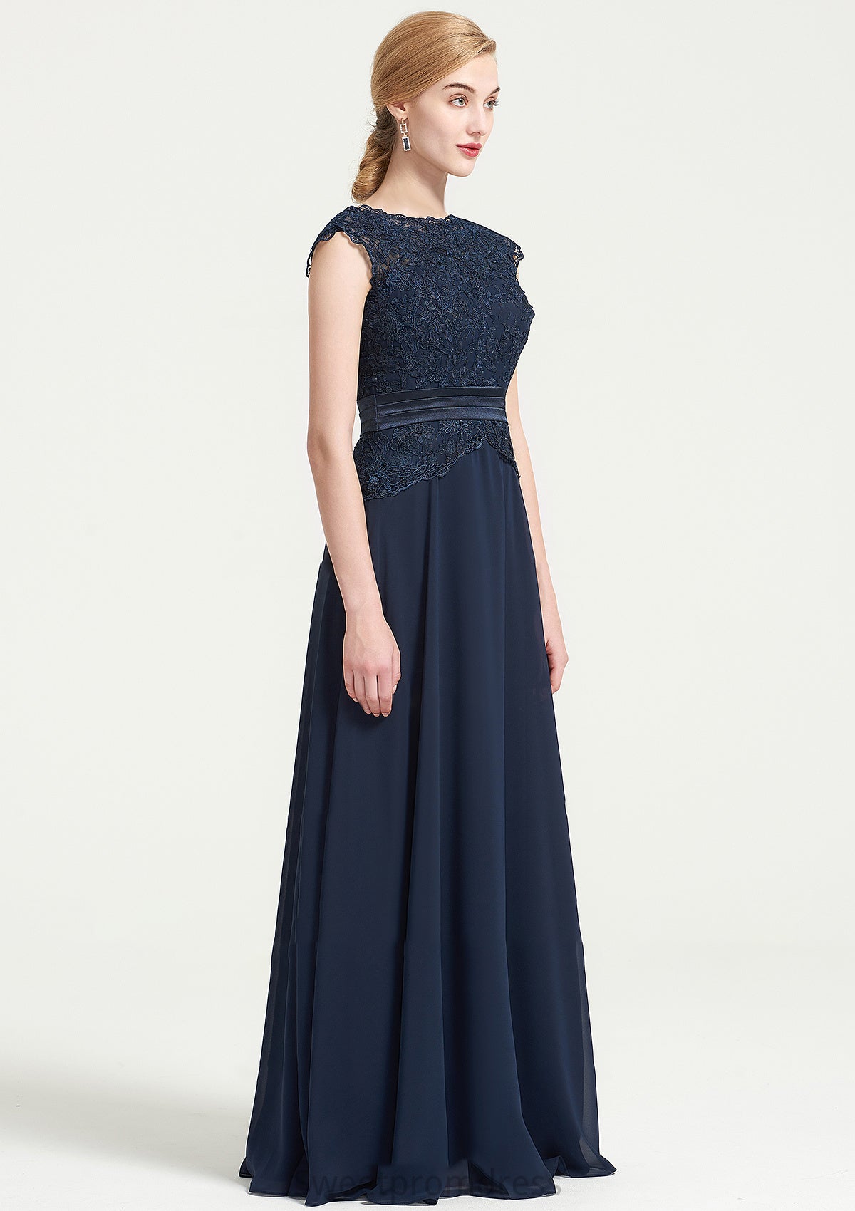 Bateau Sleeveless A-line/Princess Chiffon Long/Floor-Length Bridesmaid Dresses With Sashes Lace Pleated Noemi DHP0025480