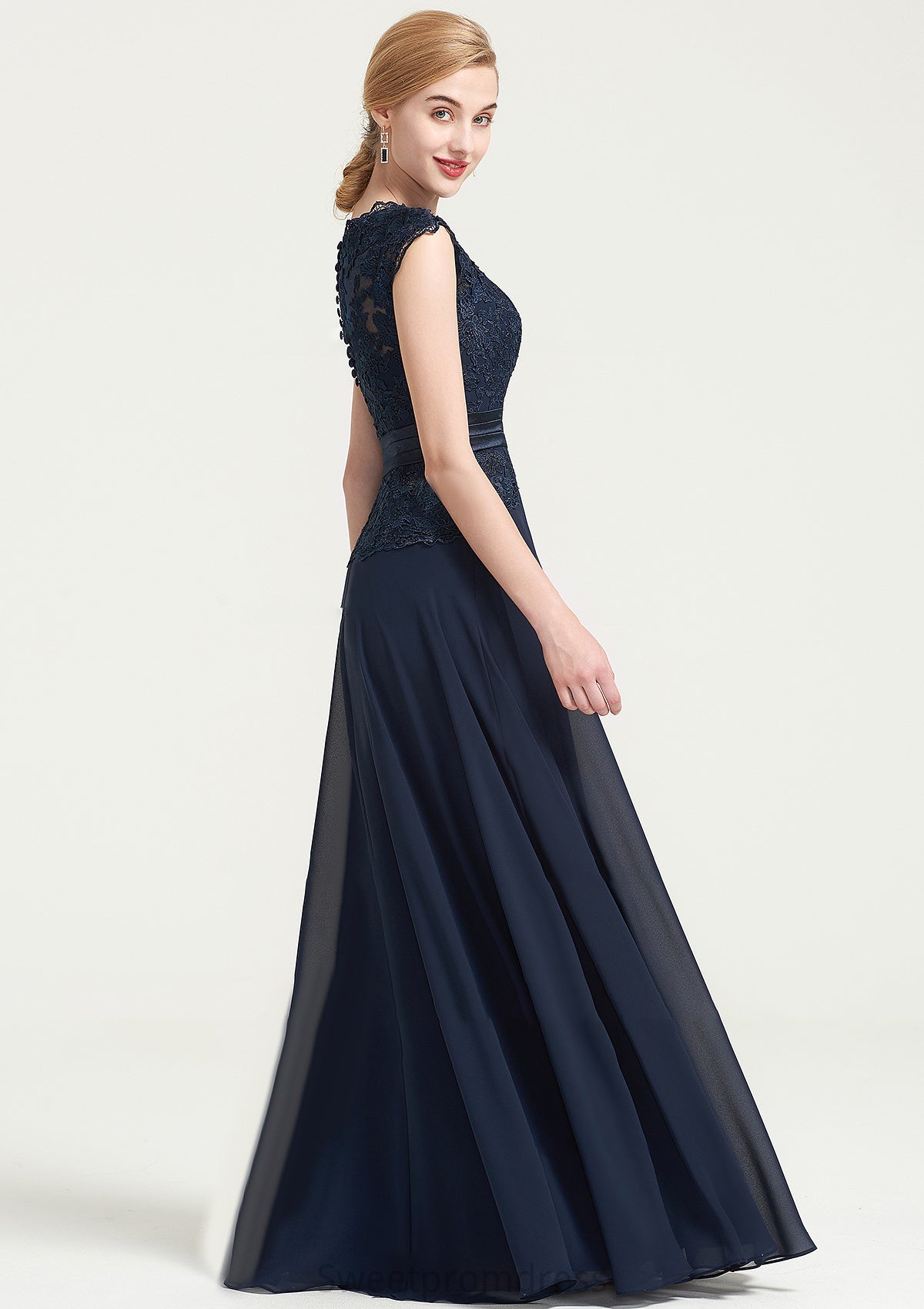 Bateau Sleeveless A-line/Princess Chiffon Long/Floor-Length Bridesmaid Dresses With Sashes Lace Pleated Noemi DHP0025480