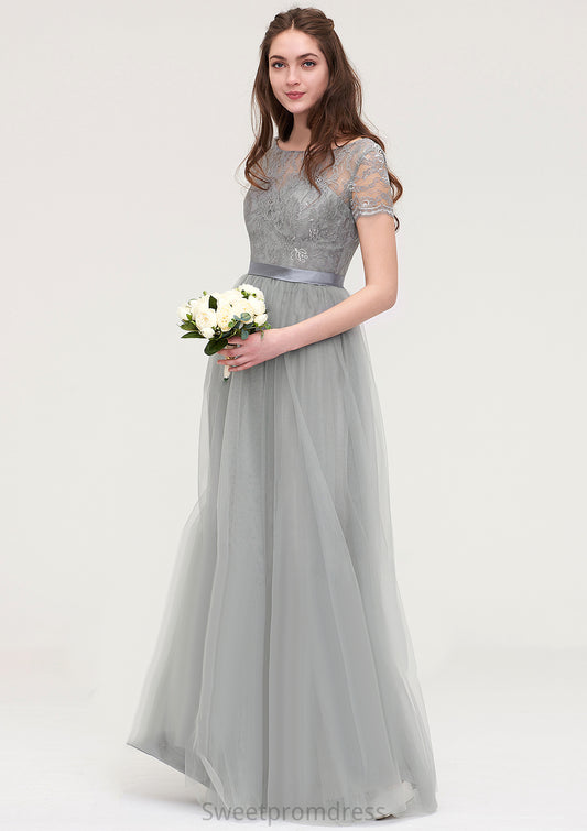 Bateau Short Sleeve Long/Floor-Length Tulle A-line/Princess Bridesmaid Dresses With Sashes Lace Selina DHP0025482