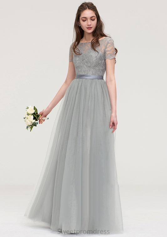 Bateau Short Sleeve Long/Floor-Length Tulle A-line/Princess Bridesmaid Dresses With Sashes Lace Selina DHP0025482