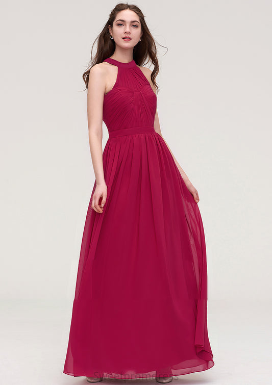 Halter Sleeveless Long/Floor-Length Chiffon A-line/Princess Bridesmaid Dresses With Pleated Aubrie DHP0025483