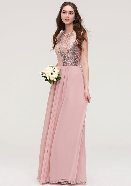 Sleeveless Bateau Long/Floor-Length Chiffon A-line/Princess Bridesmaid Dresses With Sequins Janessa DHP0025484