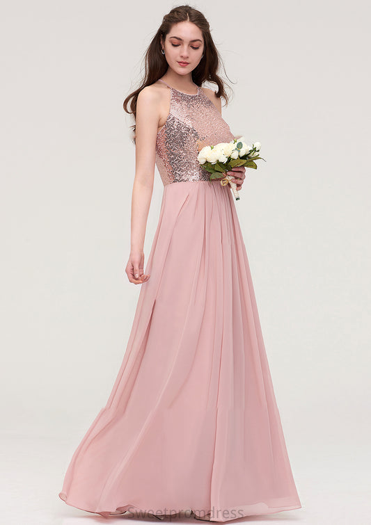 Sleeveless Bateau Long/Floor-Length Chiffon A-line/Princess Bridesmaid Dresses With Sequins Janessa DHP0025484