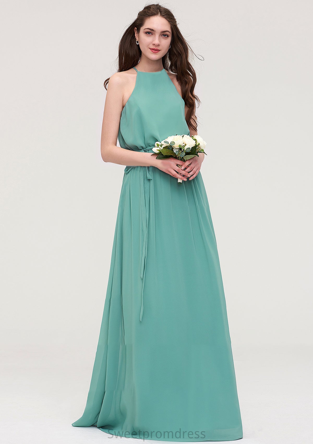 High-Neck Sleeveless Long/Floor-Length Chiffon A-line/Princess Bridesmaid Dresses With Sashes Estrella DHP0025485