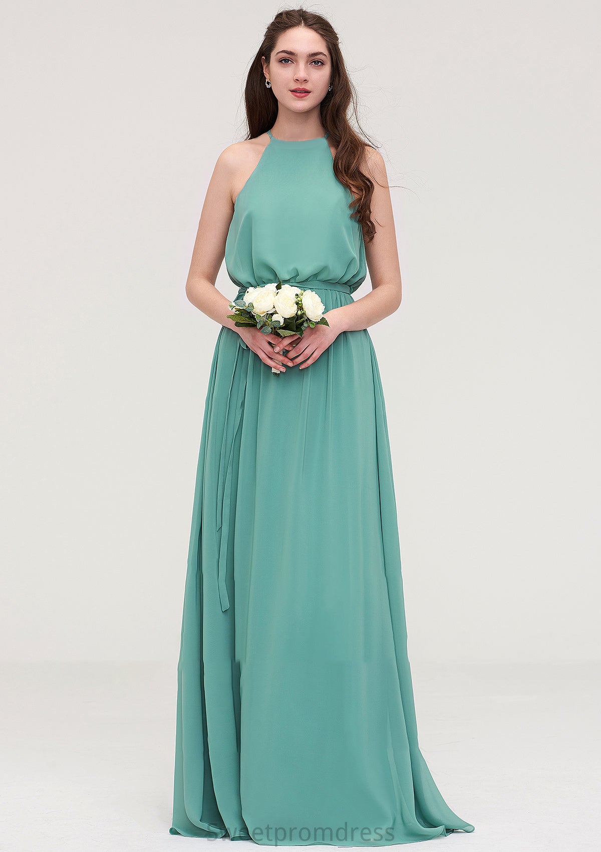 High-Neck Sleeveless Long/Floor-Length Chiffon A-line/Princess Bridesmaid Dresses With Sashes Estrella DHP0025485