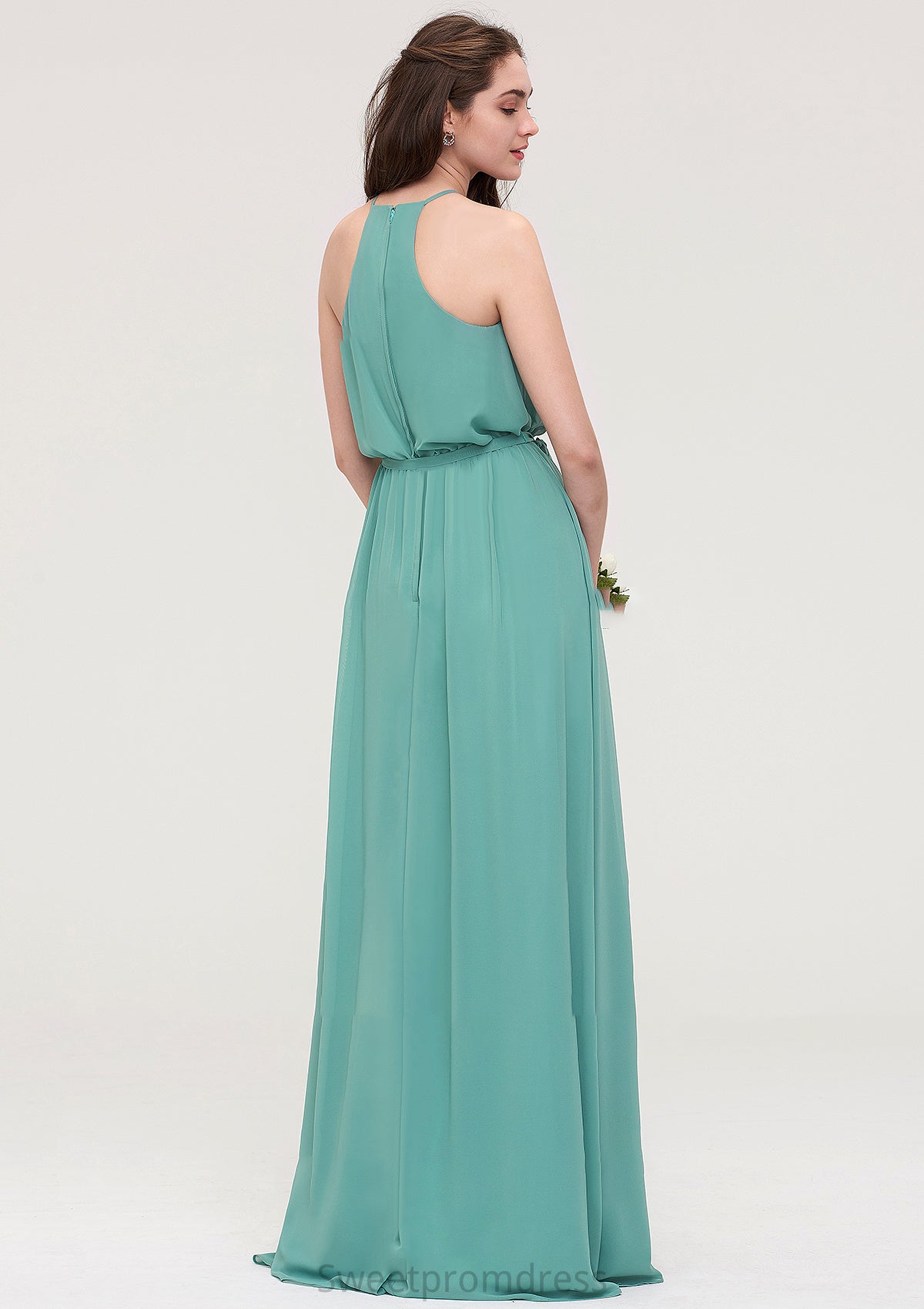 High-Neck Sleeveless Long/Floor-Length Chiffon A-line/Princess Bridesmaid Dresses With Sashes Estrella DHP0025485