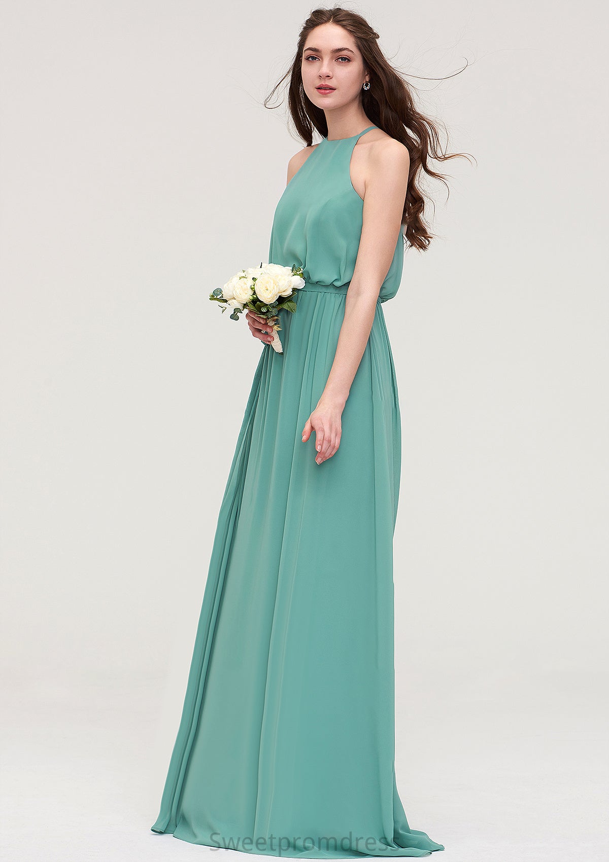 High-Neck Sleeveless Long/Floor-Length Chiffon A-line/Princess Bridesmaid Dresses With Sashes Estrella DHP0025485