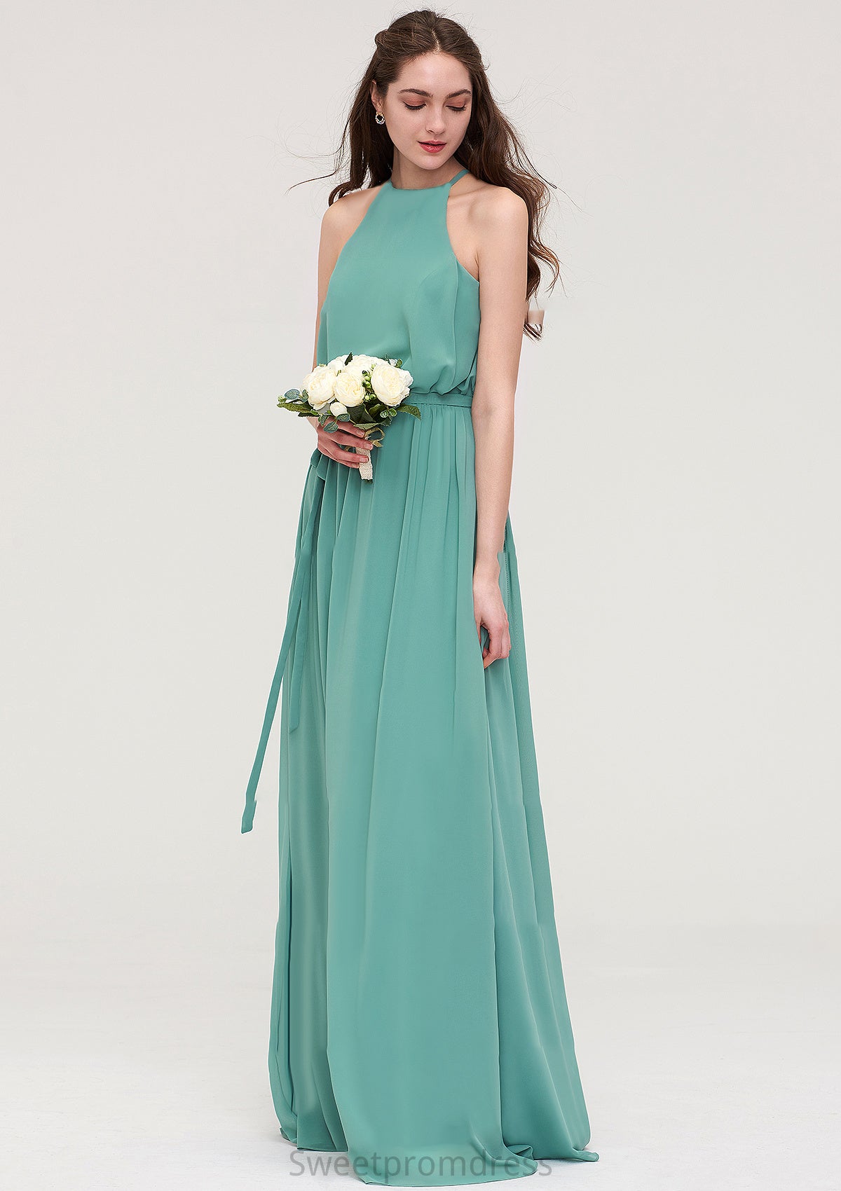 High-Neck Sleeveless Long/Floor-Length Chiffon A-line/Princess Bridesmaid Dresses With Sashes Estrella DHP0025485