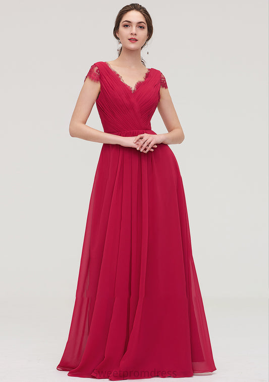 Sleeveless V Neck Long/Floor-Length Chiffon A-line/Princess Bridesmaid Dresses With Lace Pleated Evelyn DHP0025486