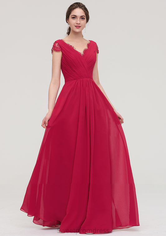 Sleeveless V Neck Long/Floor-Length Chiffon A-line/Princess Bridesmaid Dresses With Lace Pleated Evelyn DHP0025486