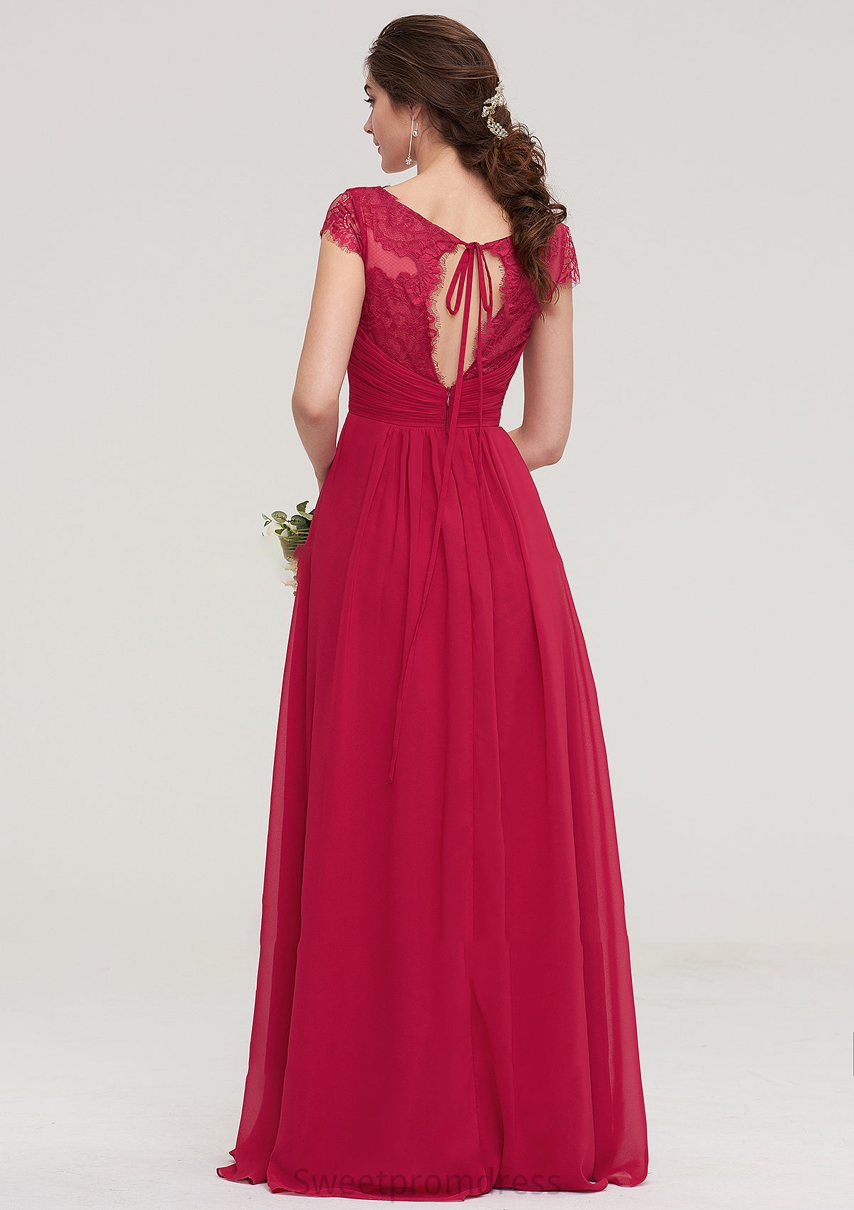 Sleeveless V Neck Long/Floor-Length Chiffon A-line/Princess Bridesmaid Dresses With Lace Pleated Evelyn DHP0025486