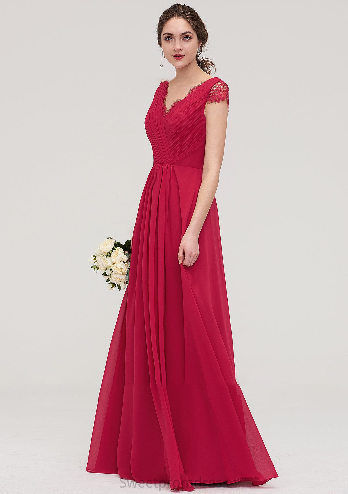 Sleeveless V Neck Long/Floor-Length Chiffon A-line/Princess Bridesmaid Dresses With Lace Pleated Evelyn DHP0025486