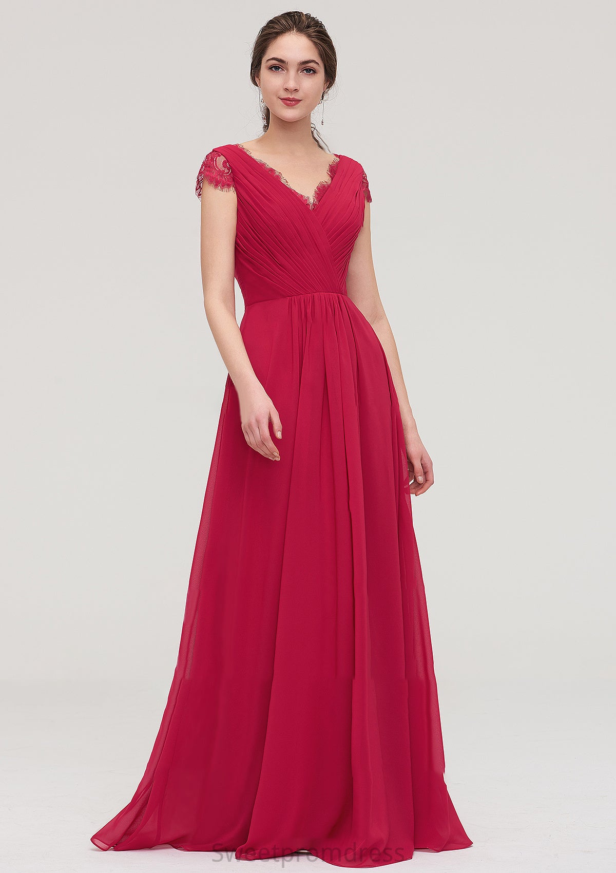 Sleeveless V Neck Long/Floor-Length Chiffon A-line/Princess Bridesmaid Dresses With Lace Pleated Evelyn DHP0025486