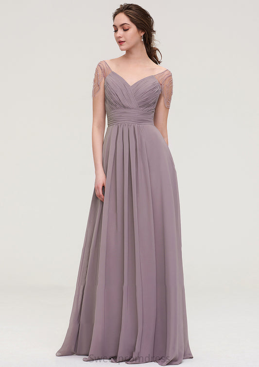 Short Sleeve Sweetheart Long/Floor-Length Chiffon A-line/Princess Bridesmaid Dresses With Pleated Beading Janet DHP0025487