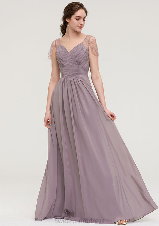 Short Sleeve Sweetheart Long/Floor-Length Chiffon A-line/Princess Bridesmaid Dresses With Pleated Beading Janet DHP0025487