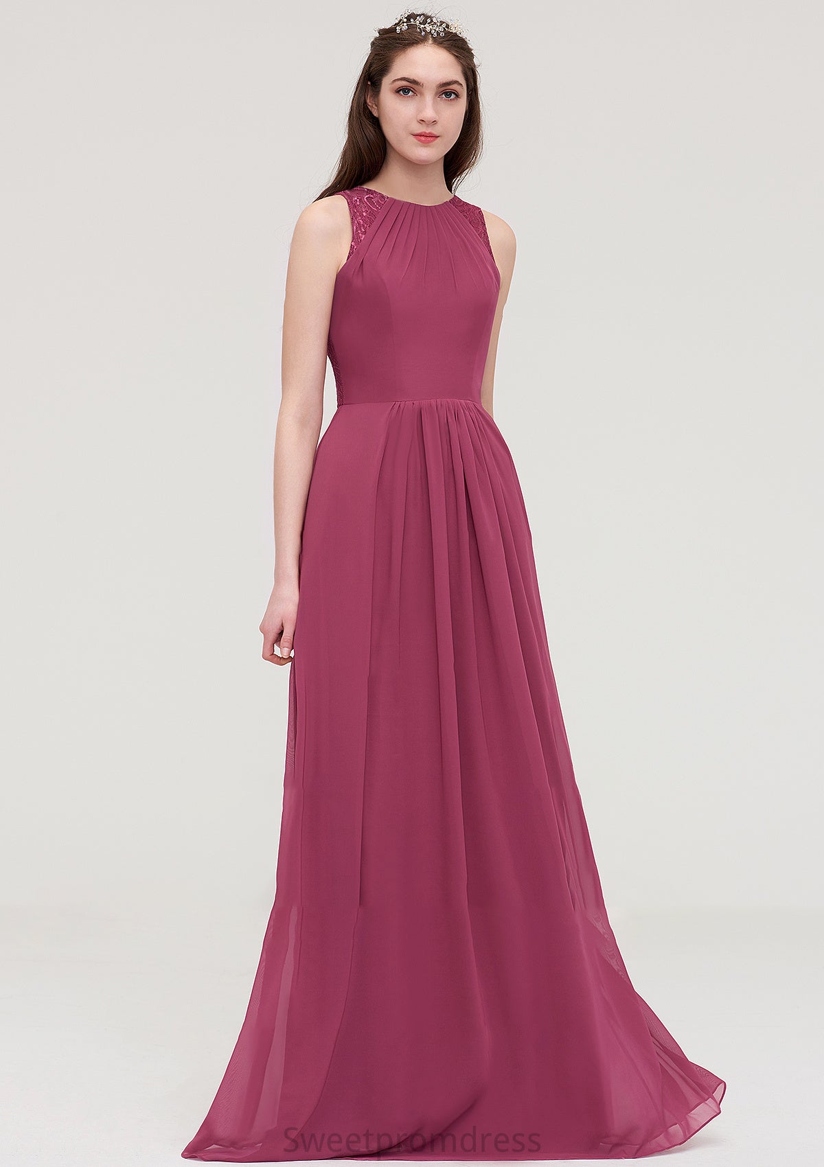 Bateau Sleeveless Long/Floor-Length Chiffon A-line/Princess Bridesmaid Dresses With Lace Pleated Monserrat DHP0025488