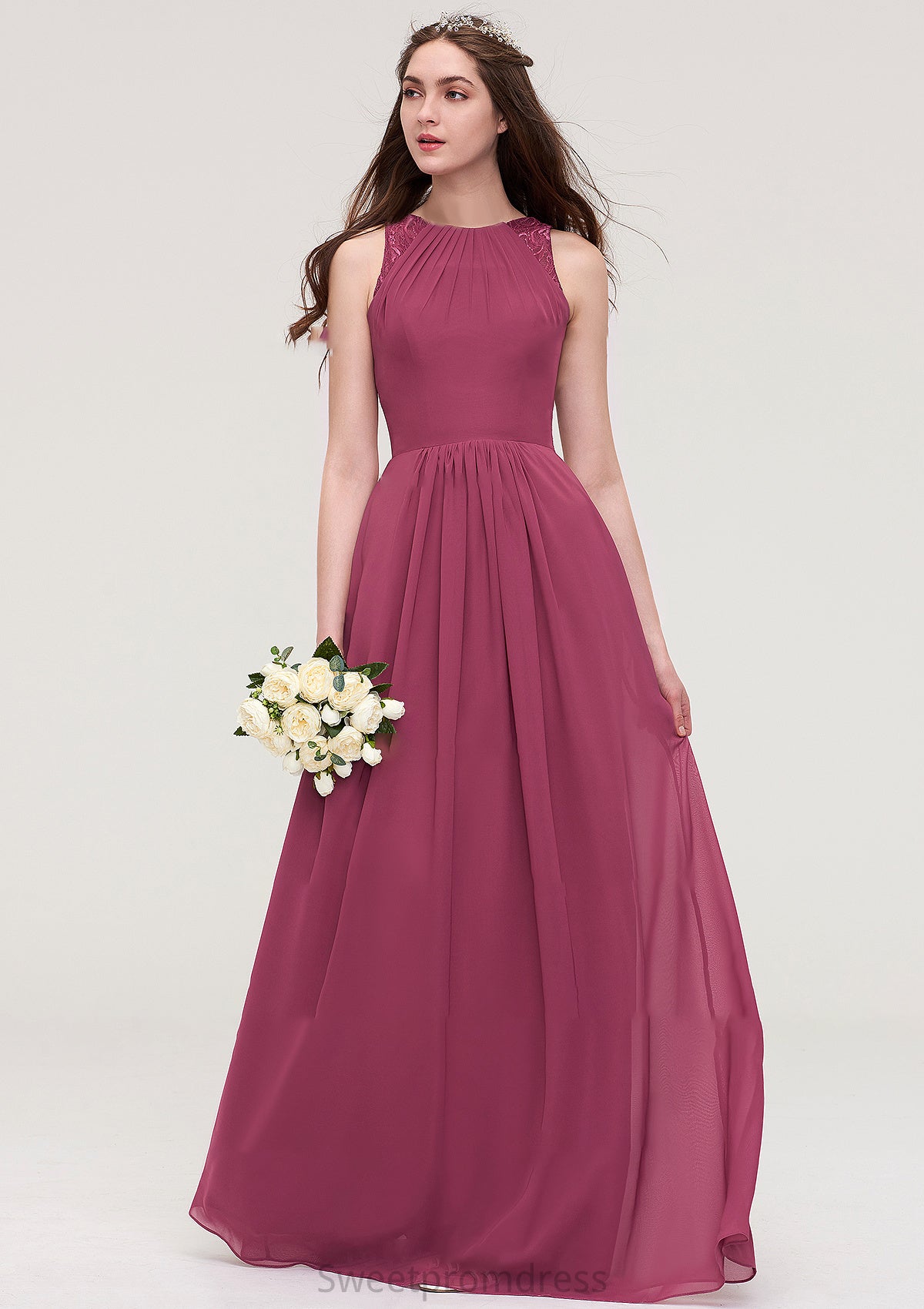 Bateau Sleeveless Long/Floor-Length Chiffon A-line/Princess Bridesmaid Dresses With Lace Pleated Monserrat DHP0025488