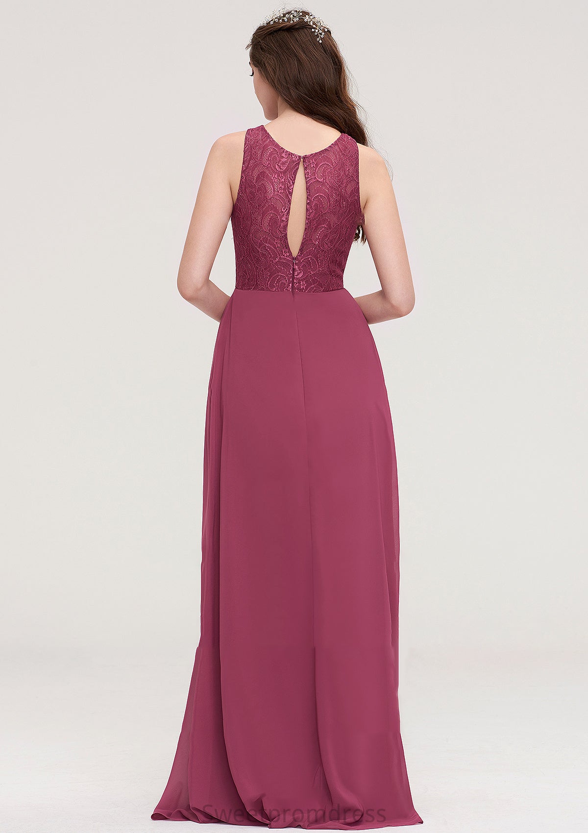 Bateau Sleeveless Long/Floor-Length Chiffon A-line/Princess Bridesmaid Dresses With Lace Pleated Monserrat DHP0025488