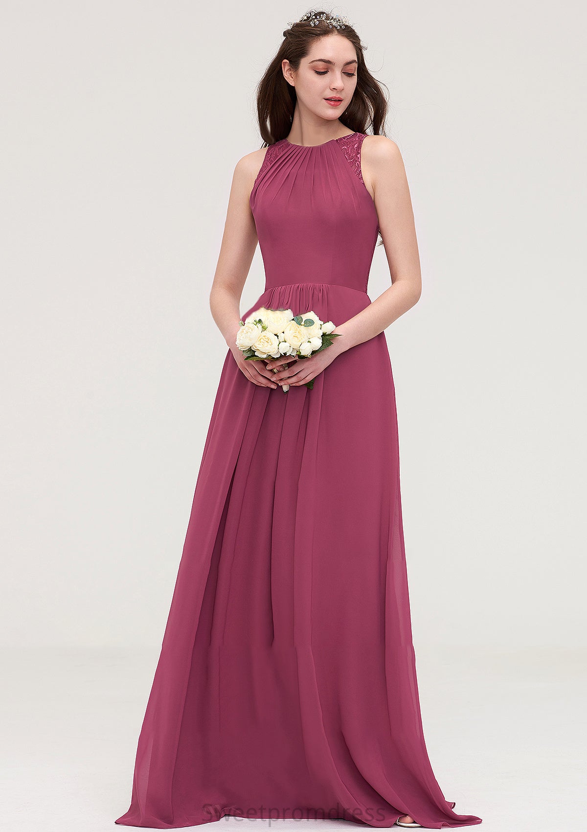 Bateau Sleeveless Long/Floor-Length Chiffon A-line/Princess Bridesmaid Dresses With Lace Pleated Monserrat DHP0025488