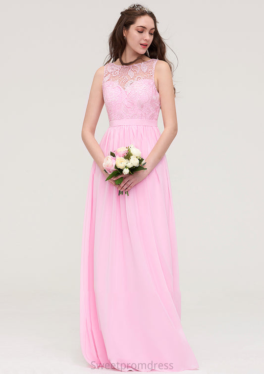 Bateau Sleeveless Long/Floor-Length Chiffon A-line/Princess Bridesmaid Dresses With Lace Journey DHP0025489