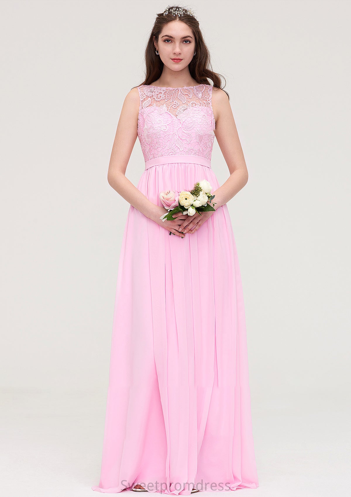 Bateau Sleeveless Long/Floor-Length Chiffon A-line/Princess Bridesmaid Dresses With Lace Journey DHP0025489