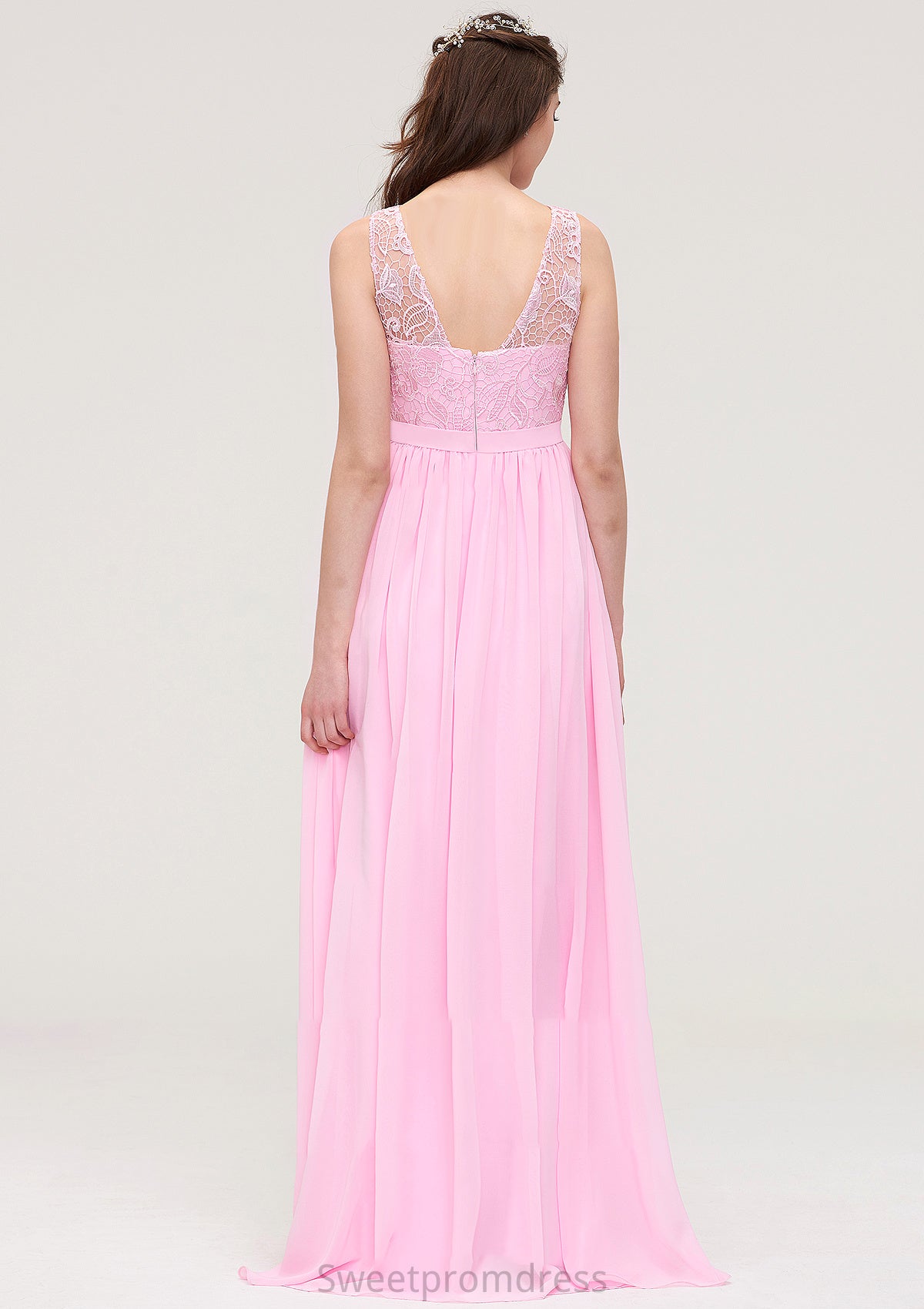 Bateau Sleeveless Long/Floor-Length Chiffon A-line/Princess Bridesmaid Dresses With Lace Journey DHP0025489