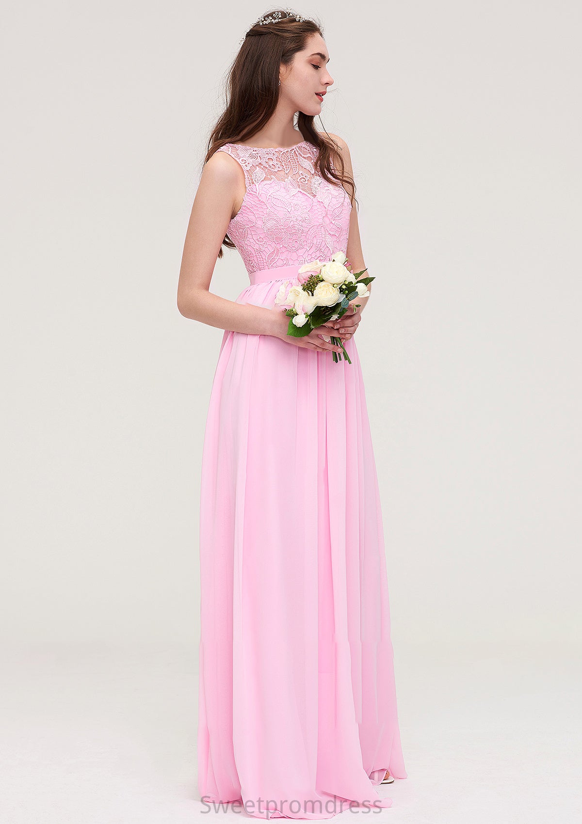 Bateau Sleeveless Long/Floor-Length Chiffon A-line/Princess Bridesmaid Dresses With Lace Journey DHP0025489