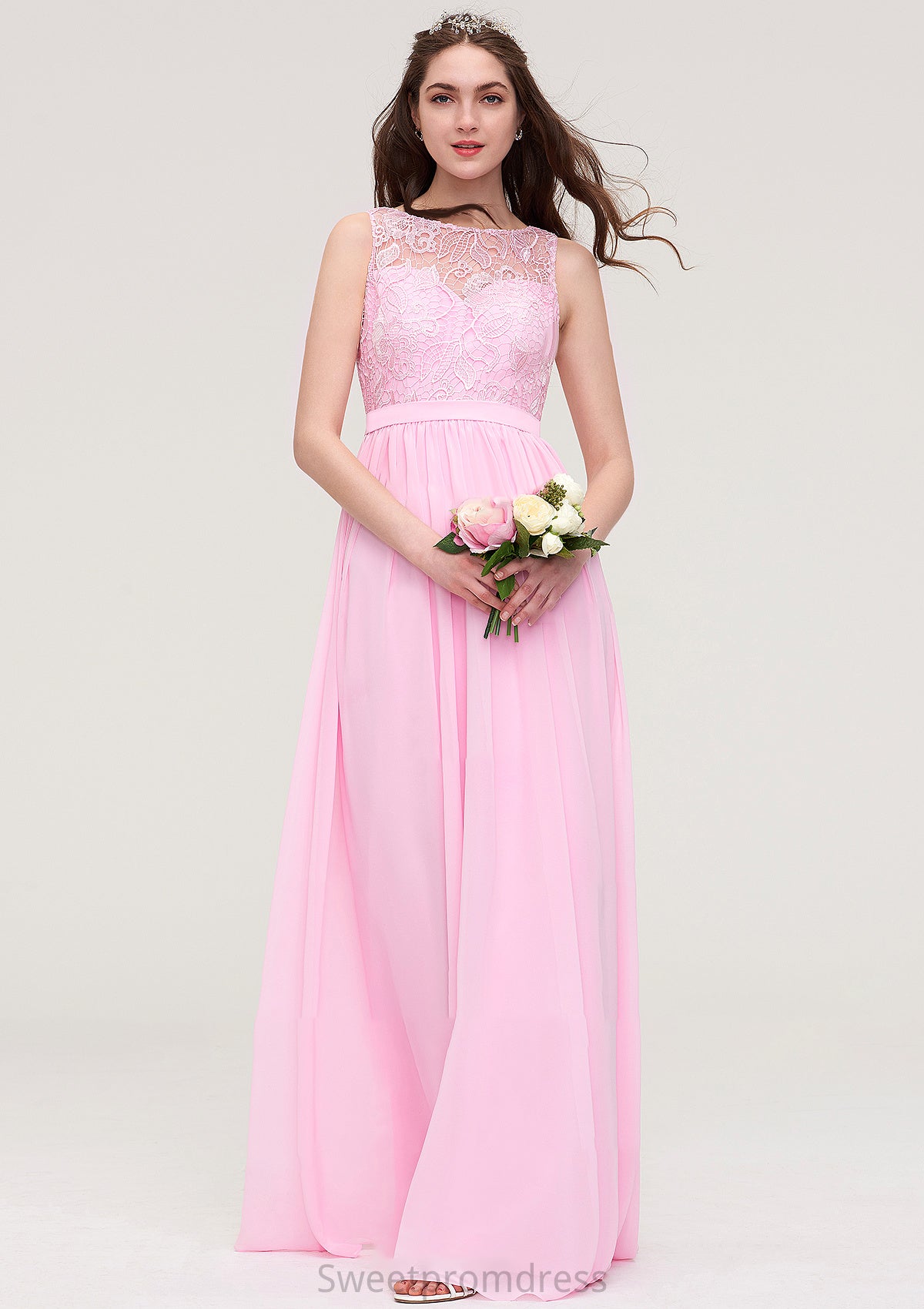 Bateau Sleeveless Long/Floor-Length Chiffon A-line/Princess Bridesmaid Dresses With Lace Journey DHP0025489