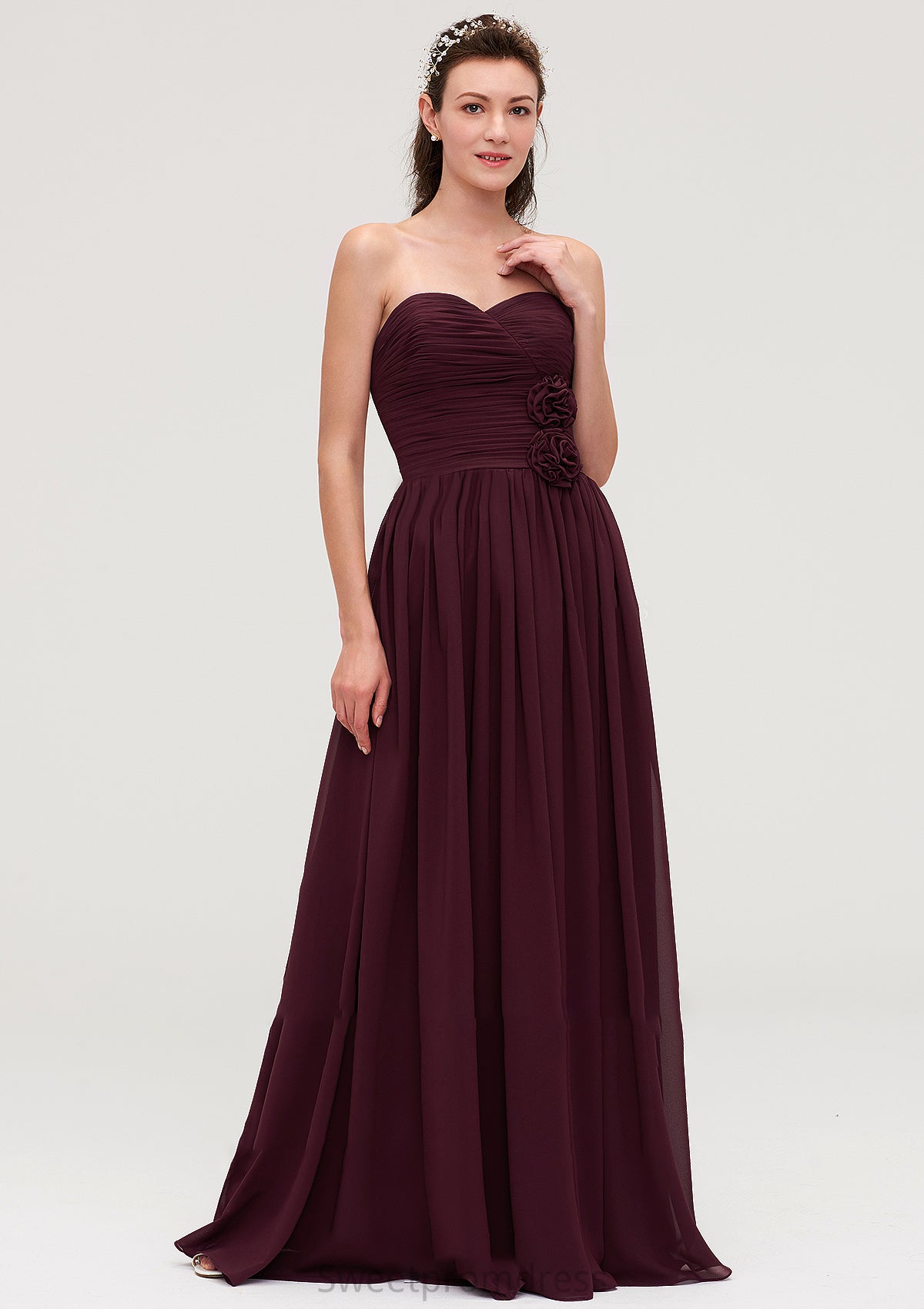 Sweetheart Sleeveless Long/Floor-Length Chiffon A-line/Princess Bridesmaid Dresses With Pleated Delaney DHP0025490