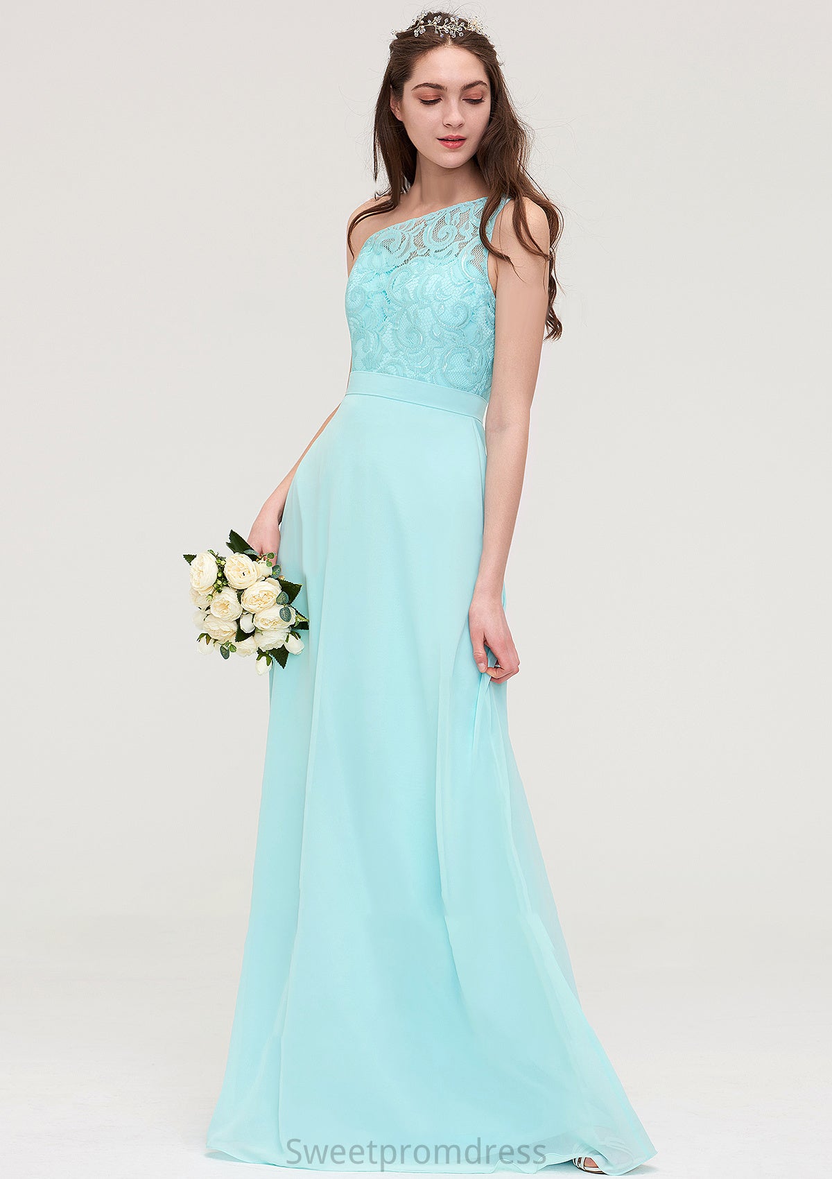 One-Shoulder Sleeveless Long/Floor-Length Chiffon A-line/Princess Bridesmaid Dresses With Lace Marissa DHP0025491