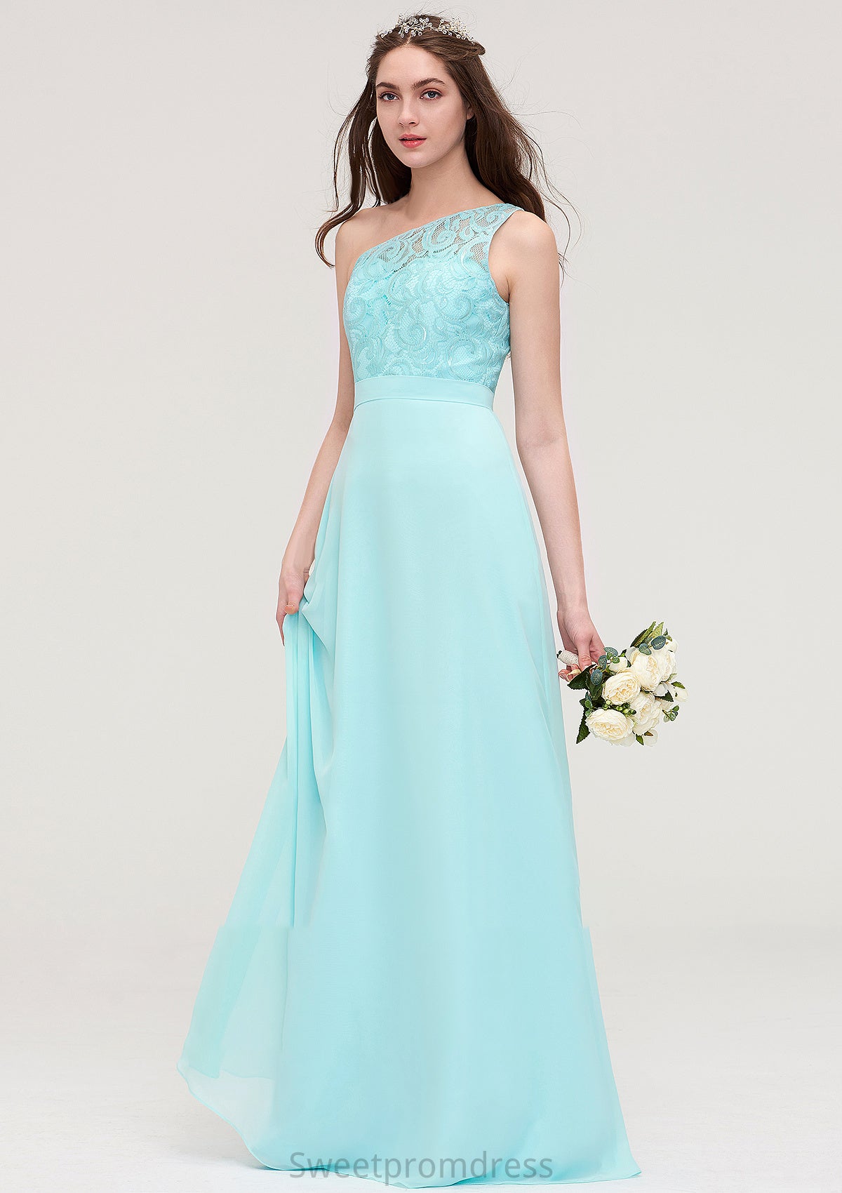 One-Shoulder Sleeveless Long/Floor-Length Chiffon A-line/Princess Bridesmaid Dresses With Lace Marissa DHP0025491