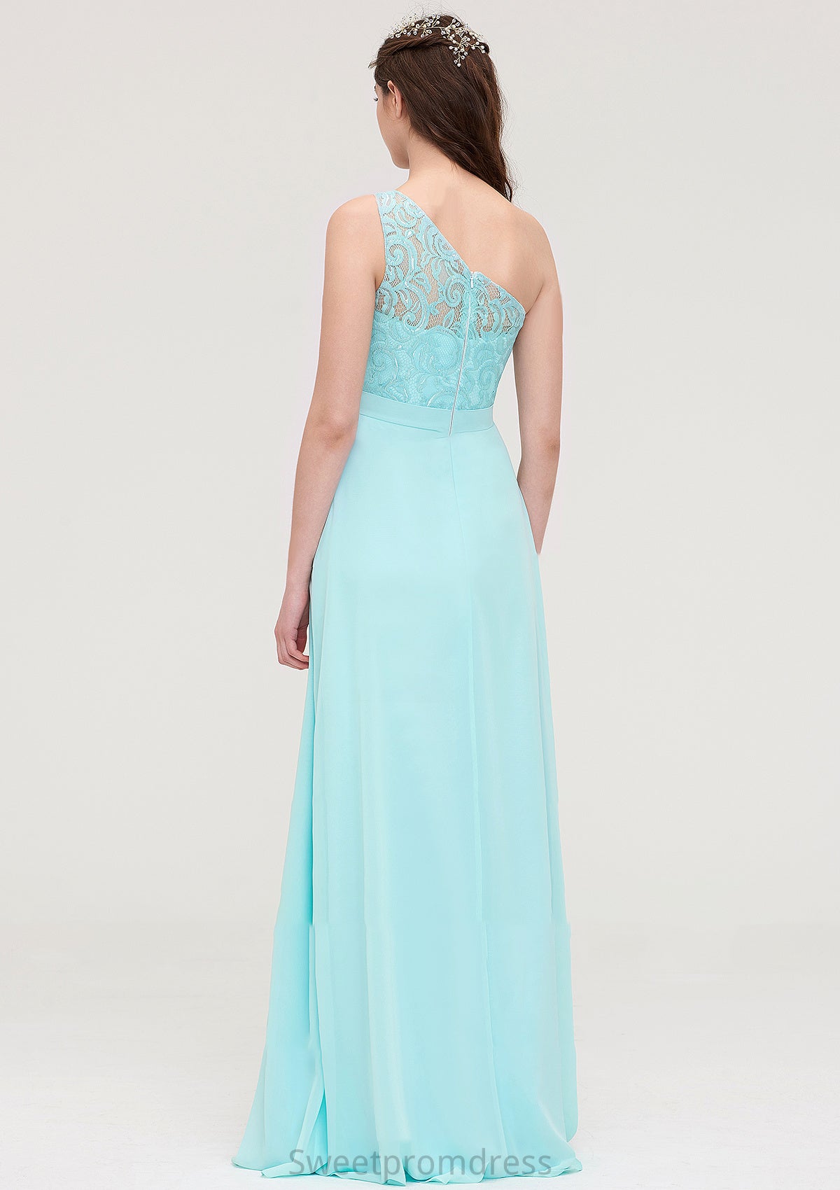 One-Shoulder Sleeveless Long/Floor-Length Chiffon A-line/Princess Bridesmaid Dresses With Lace Marissa DHP0025491