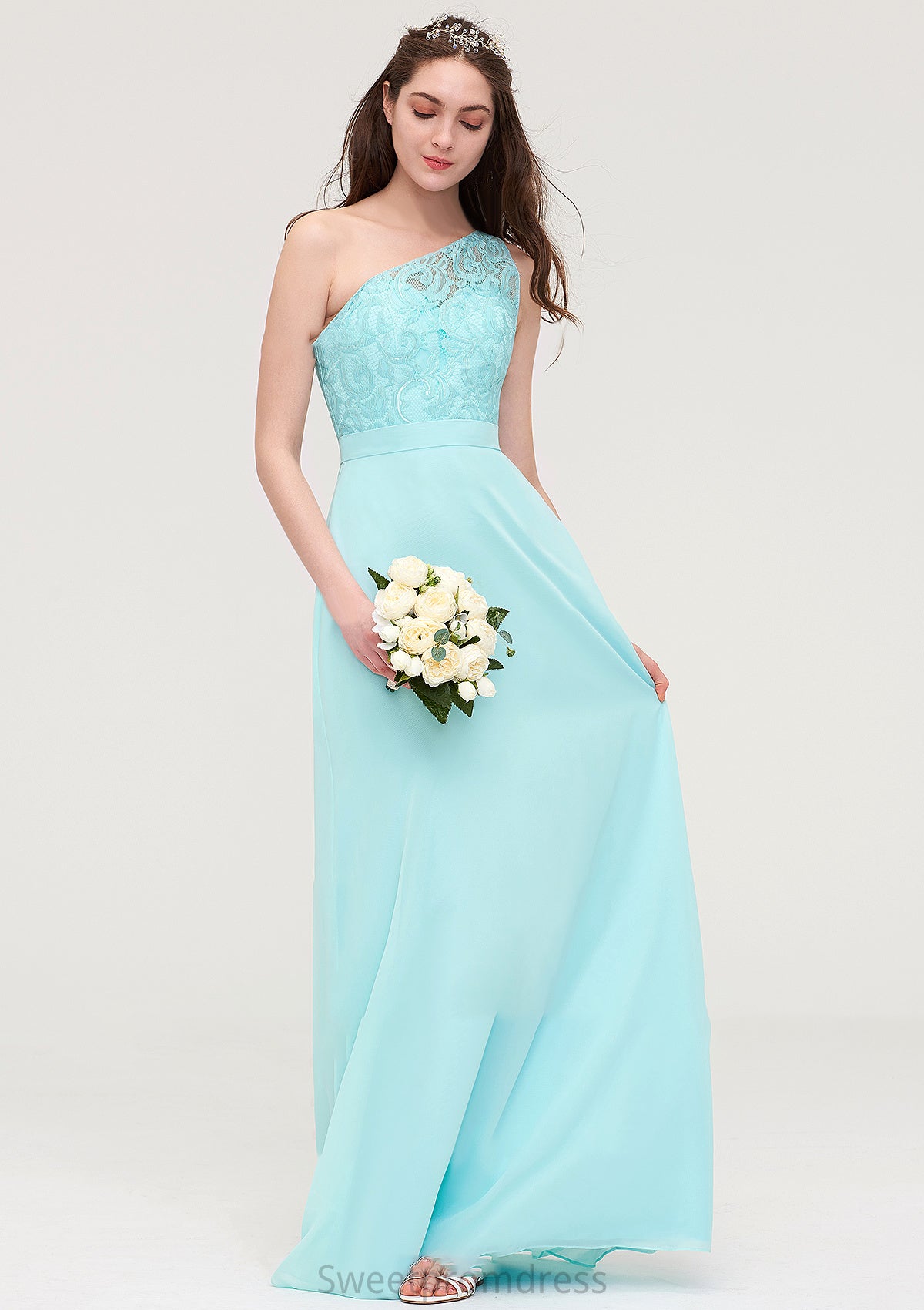 One-Shoulder Sleeveless Long/Floor-Length Chiffon A-line/Princess Bridesmaid Dresses With Lace Marissa DHP0025491