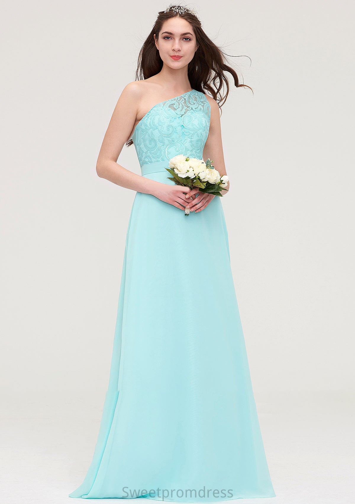 One-Shoulder Sleeveless Long/Floor-Length Chiffon A-line/Princess Bridesmaid Dresses With Lace Marissa DHP0025491