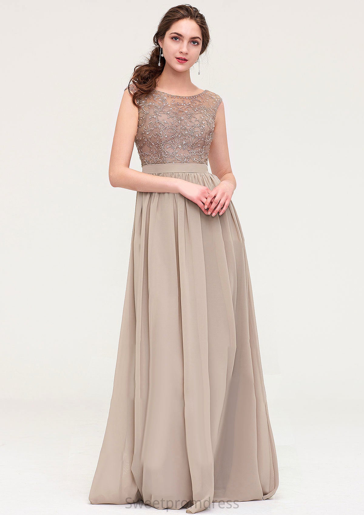 Sleeveless Scoop Neck Long/Floor-Length Chiffon A-line/Princess Bridesmaid Dresses With Sequins Beading Lace Pleated Kendra DHP0025493