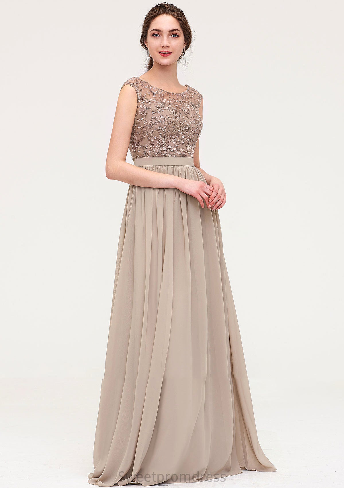 Sleeveless Scoop Neck Long/Floor-Length Chiffon A-line/Princess Bridesmaid Dresses With Sequins Beading Lace Pleated Kendra DHP0025493