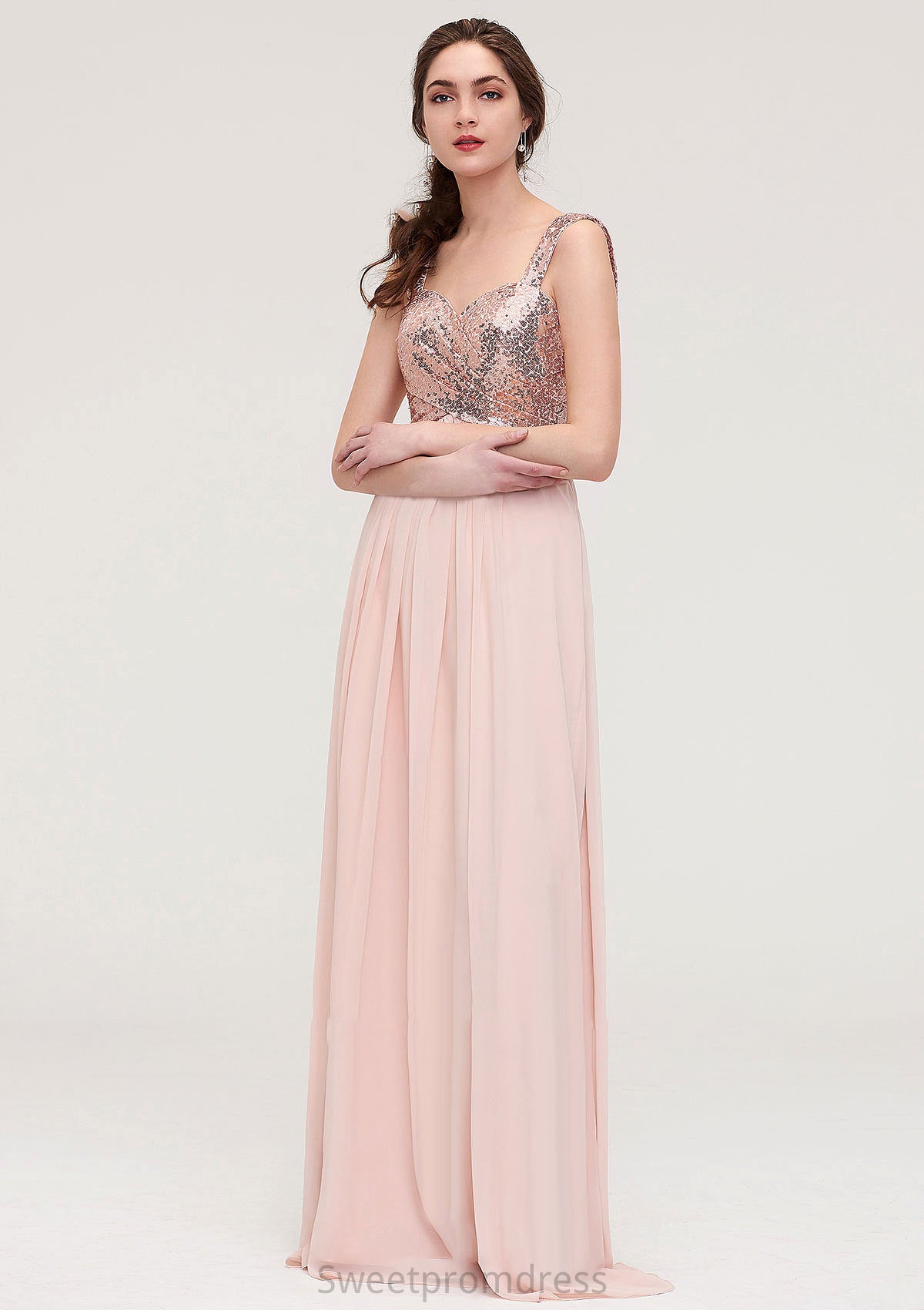 Sleeveless Long/Floor-Length Sweetheart A-line/Princess Chiffon Bridesmaid Dresses With Pleated Sequins Hadassah DHP0025494