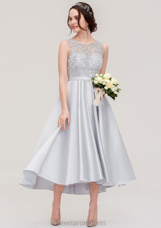 Bateau Sleeveless Tea-Length Satin A-line/Princess Bridesmaid Dresses With Sashes Lace Mary DHP0025495